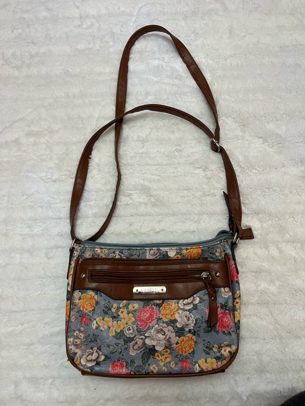 Rosetti Floral Crossbody Bag with Brown Trim